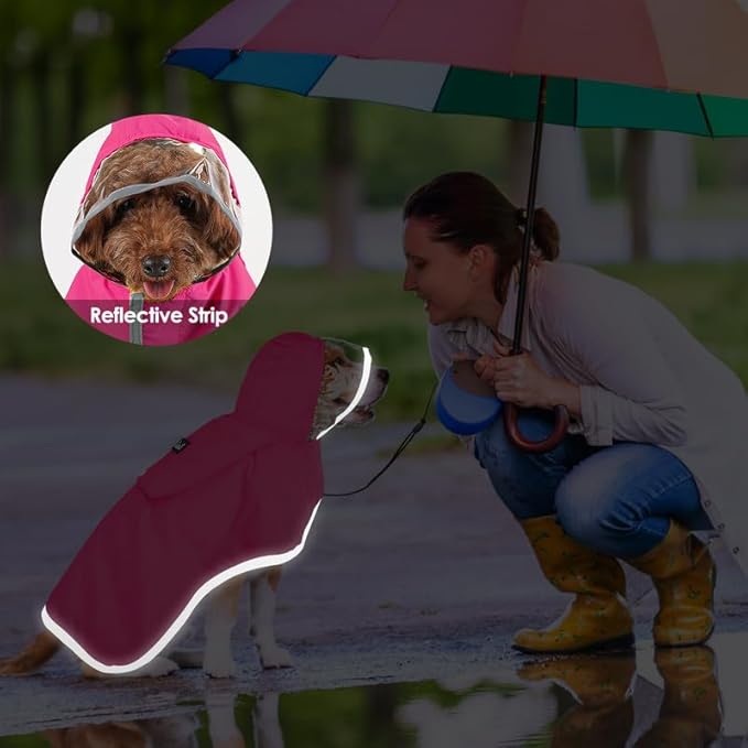 SlowTon Dog Raincoat, Adjustable Dog Rain Jacket Clear Hooded Double Layer, Waterproof Poncho with Reflective Strip Straps and Storage Pocket for Small Medium Large Dogs Puppies(FU XXXL)