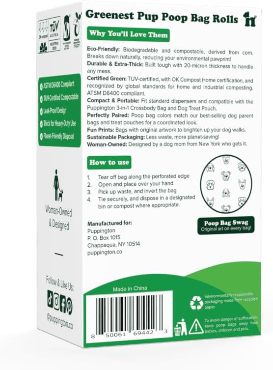 Puppington Certified Home Compostable Poop Bags - ASTM D6400 Compliant - 270 Extra Thick Bags - Plant Based - Pairs with Puppington 3-in-1 Bag & Fits all Standard Poop Bag Dispensers (Onyx Black)
