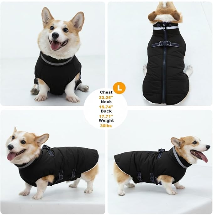 Large Dog Coat with Harness Built-in, Waterproof Reflective Fleece Lined - Warm Windproof Winter Jacket with Back Zipper, Cold Weather Snow Dog Coats - Black - 3XL