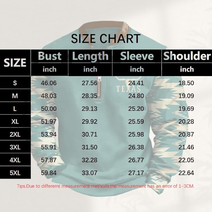 HOTYD Aztec Cowboy Jacket Men Vintage Bullhorn Printed Oversized Western Sweatshirt Long Sleeve Quarter Zip Pullover