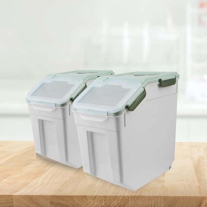 Large Flour Storage Container Bin 25lb, 4 Pack Airtight Rice Storage Containers with Wheels Seal Locking Lid, BPA Free, with Measuring Cup |Scoop, for Flour, Rice, Grain, Dry Food - Green