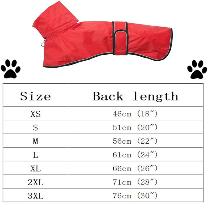 Dog Raincoat with Reflective Bar, Rain/Water Resistant, Adjustable Vest - Dog Raincoats for Greyhounds, Lurchers and Whippets - Red - S