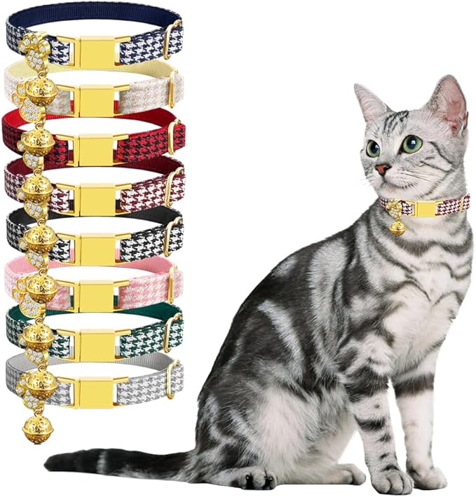 Personalized Breakaway Cat Collars - Magnetic Buckle, Bell - Safety Quick Release, Customized for Girls & Boys Cats- (Houndstooth-Burgundy)