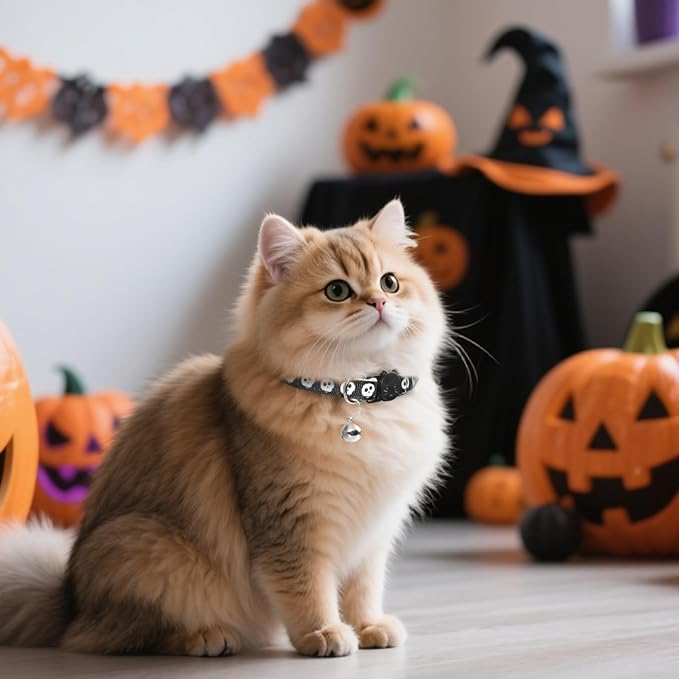 Halloween Cat Collar with Bell, Adjustable Comfortable Kitten Halloween Collar Breakaway, Skeleton Patterns Safety Holiday Cat Collars for Boys Girls,Kitten,Puppy Black (7.5"-12.5")