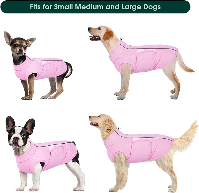 Kuoser Dog Jacket, Winter Dog Coats for Medium Dogs, Reflective Doggie Cold Weather Coats Pet Clothes, Puppy Snow Jacket for Frech Bulldog, Boston Terrier, Pink M