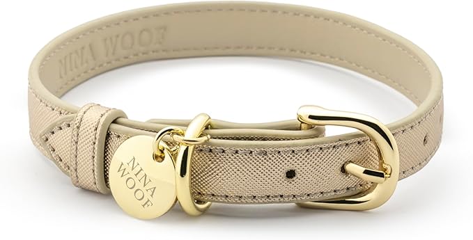Rio Dog Collar Saffiano Vegan Leather Color Gold Size M