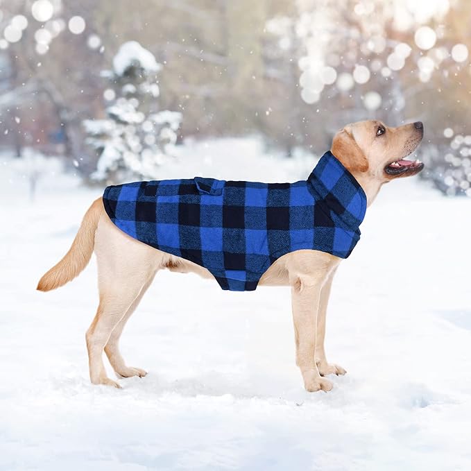 Malier Classic Plaid Fleece Dog Coat - Warm Winter Jacket with Pocket, Windproof, Blue, X-Large