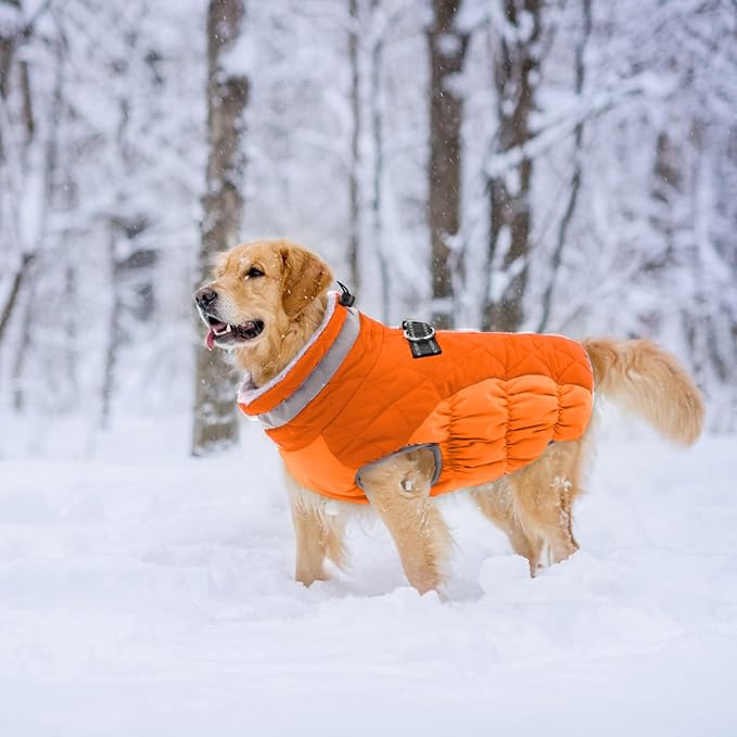 Lelepet Dog Coat Warm Dog Winter Coat Waterproof Dogs Jacket with Harness Built in Reflective Pet Fleece Vest Zip-Up Cold Weather Coats for Medium Dogs Turtleneck & Windproof Coats Blaze Orange M
