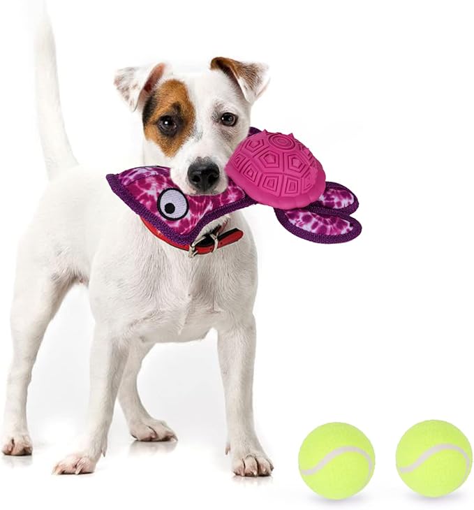 Dog Chew Toys,Puppy Teeth Chew Toys Durable Rubber Material Turtle Shape Dog Toys with 2 Tennis Ball (Red)