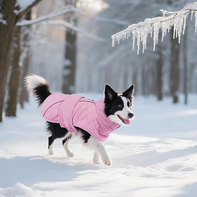 Kuoser Dog Coat, Extra Warm Dog Jacket Windproof Dogs Cold Weather Coats for Large Dogs, Fleece Lining Turtleneck Puppy Snowsuit Reflective Adjustable Pet Winter Clothes Christmas, Pink L