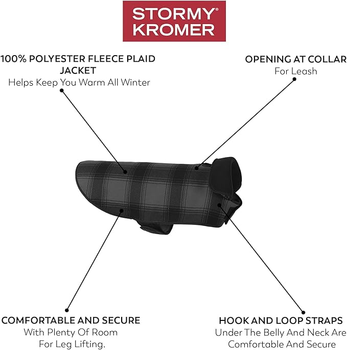 Stormy Kromer Fleece Dog Jacket, Black/Gray Plaid, Medium