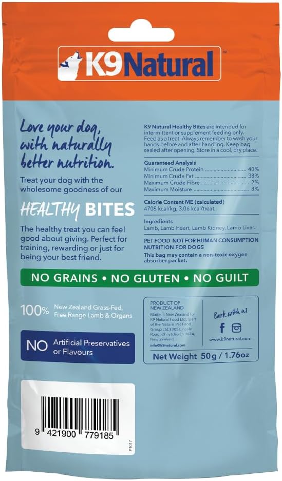 K9 Natural, Freeze-Dried Single Ingredient Dog Treats, High-Value, Low-Calorie Protein Bites for Active Dogs, Healthy Dog Training Treats, Grain-Free Reward, Lamb & Organs, 1.76oz (Pack of 2)