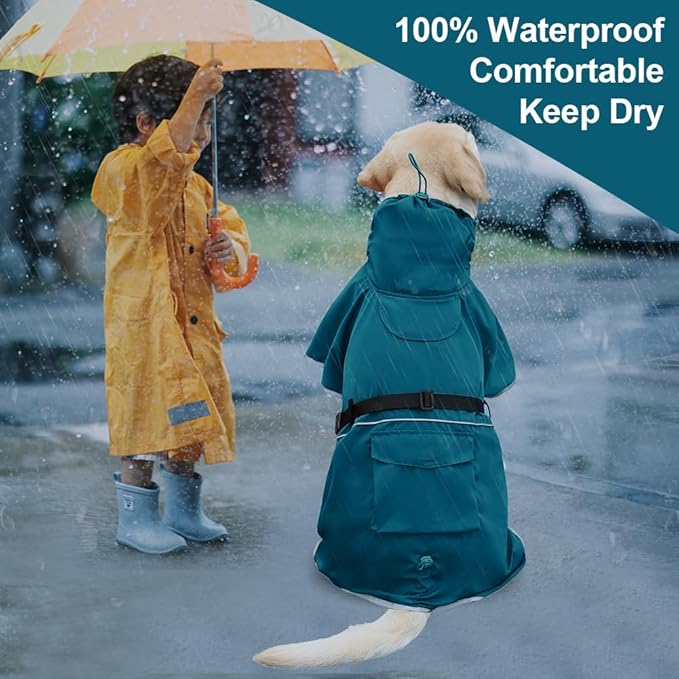 Reflective Dog Raincoat Waterproof Adjustable Dog Hooded Poncho Raincoat for Medium Large Dogs, Lightweight Pet Rain Jacket (Blue, L)