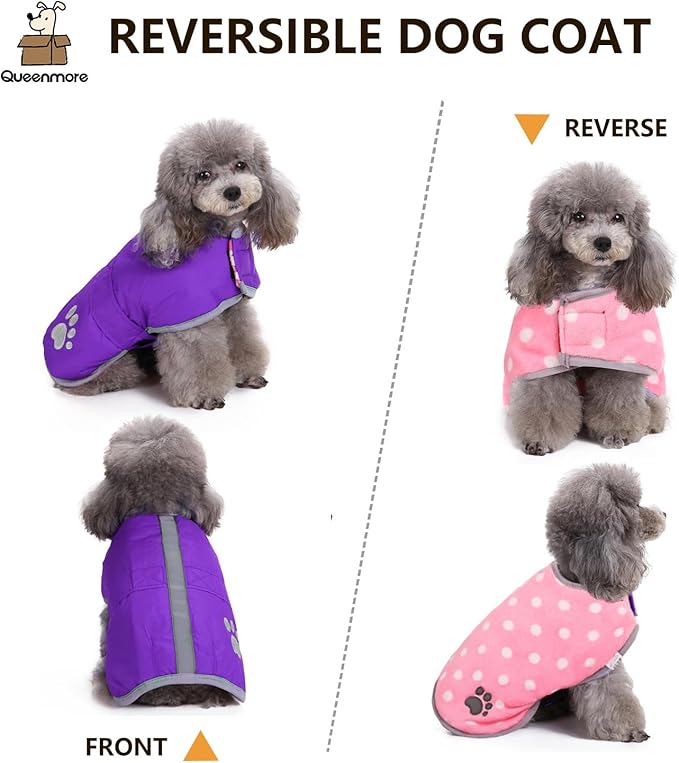 Queenmore Dog Winter Coat, Cold Weather Fleece Jacket for Dogs, Waterproof Reflective Reversible, for Small, Medium and Large Dogs (Purple, L)