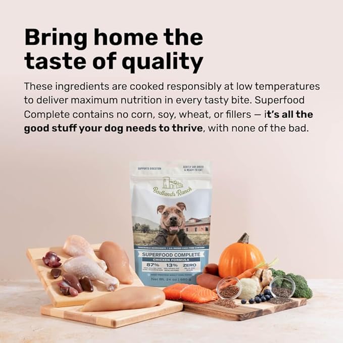 BADLANDS RANCH by Katherine Heigl- Superfood Complete, Air-Dried Adult Dog Food - High Protein, Zero Fillers, Superfood Nutrition (64 Ounce (Pack of 4), Chicken)