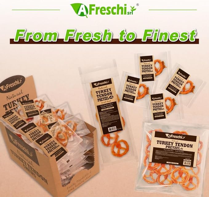 AFreschi Turkey Tendons for Dogs, USA-Sourced, Healthy Dog Treats, Rawhide-Free Puppy Chews, Long Lasting, All Natural, Hypoallergenic Dog Treats for Small Breeds, 8 oz Pack Pretzel (S)