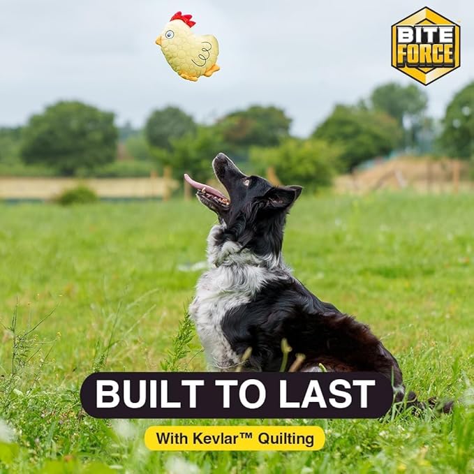 Bite Force - Durable & Strong Dog Toy Yellow Chicken with Squeaker, Kevlar-Reinforced Seams for Aggressive chewers.