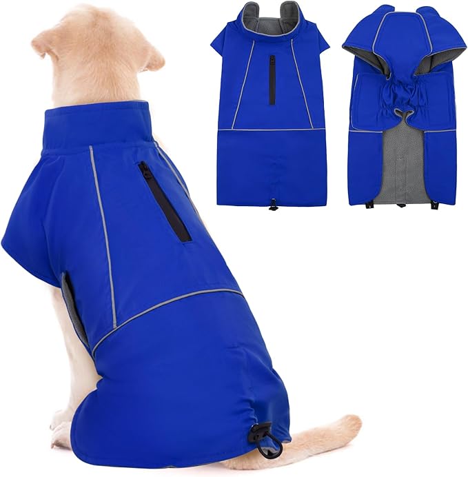 ROZKITCH Raincoat Jacket for Dogs, Waterproof Windproof Dog Rain Jacket with Fleece Liner and Leash Hole Reflective Strip for Medium Large Dog, Adjustable Poncho Vest for Outdoor Hiking Travel Blue L