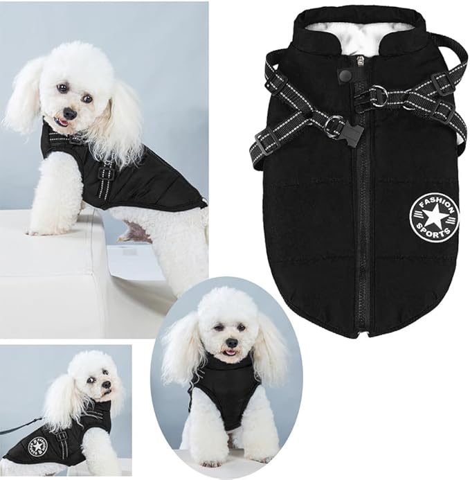 Aiboria Dog Coat for Winter Waterproof Dogs Jackets Windproof Fleece Small Dog Vest Harness Winter Padded Pet Black M