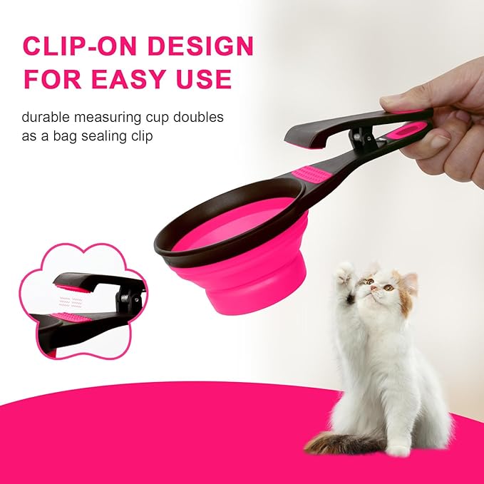 Collapsible Silicone Dog Food Scoop Foldable Pet Food Measuring Cup with Bag Clip 3 in 1 Multi-Function Silicone Dog Food Scooper (Rose Red, Small)
