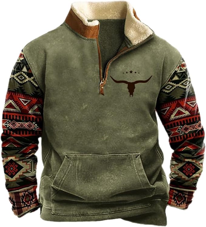 HOTYD Aztec Cowboy Mens Hoodie Vintage Graphic Western Hoodies Casual Long Sleeve 1/4 Zip Pullover Mens Country Jacket