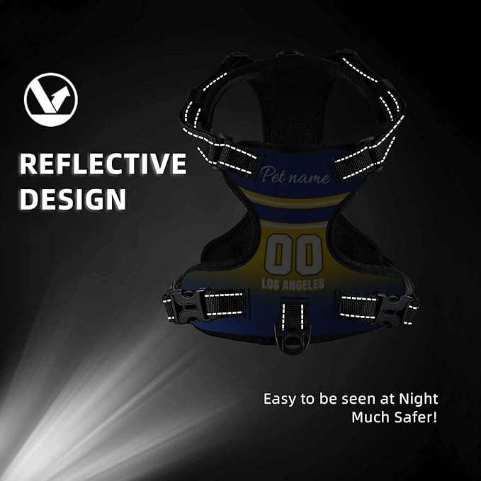 Personalized Los Angeles Dog Harness with Reflective Stripes Custom Name and Number Dog Vest Harness with Pet Traction Rope for Small Medium Large Dog