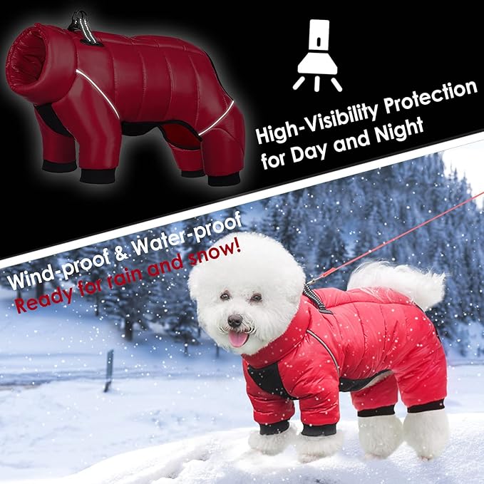 AOFITEE Dog Coat, Waterproof Dog Jacket for Winter, Warm Fullbody Dogs Snowsuit, Winter Coat for Small Dogs, Zip Up Pet Puffer Jacket Fleece Vest, Outdoor Reflective Pet Coats, Christmas Red, S