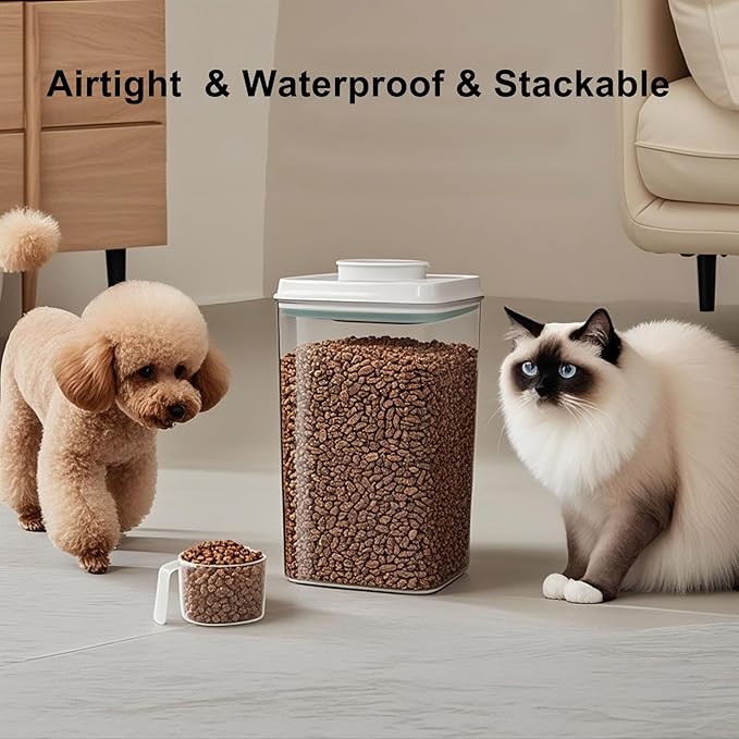 3-5 Lbs Dog-Cat Pop Treat - Airtight Jar - Pet Food Storage Container for Kibble & Treats, 4L/4.2qt with 130ml/0.14qt Half Scoop Stackable Pop Lid Plastic Container with Lid