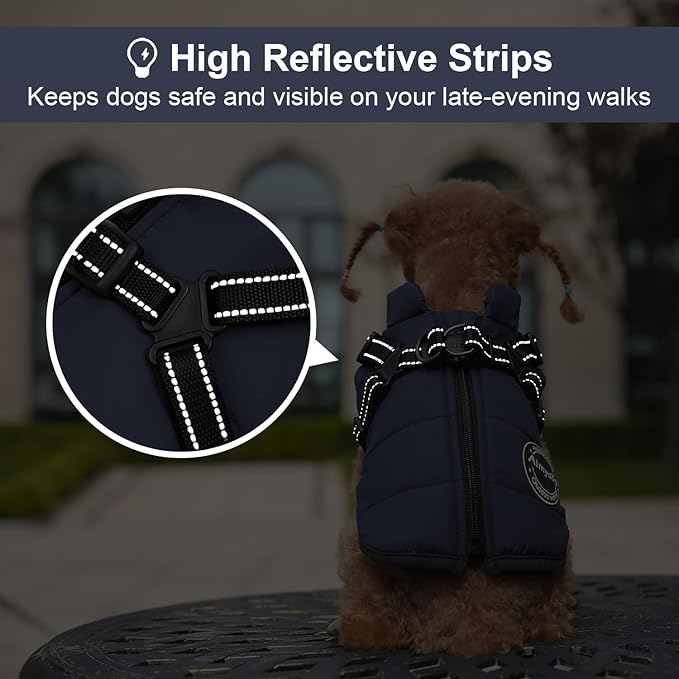 Warm Dog Jacket, Reflective Fleece Vest with Built-in Harness, Waterproof Windproof Snow Jacket for Small Medium Dogs, Navy Blue XS
