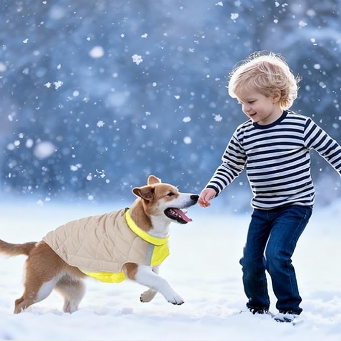 Quilted Dog Winter Coat, Plaid Lined Reversible Vest, Reflective Safety Strip, Cold Weather Pet Apparel Yellow XXS