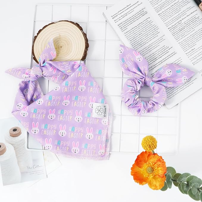 E-Clover Easter Dog Bandana & Matching Scrunchie-Bunny Dog Bandanas Pet Scarf Bib for Samll Dogs Puppy Girl Boy Owner Gift Purple