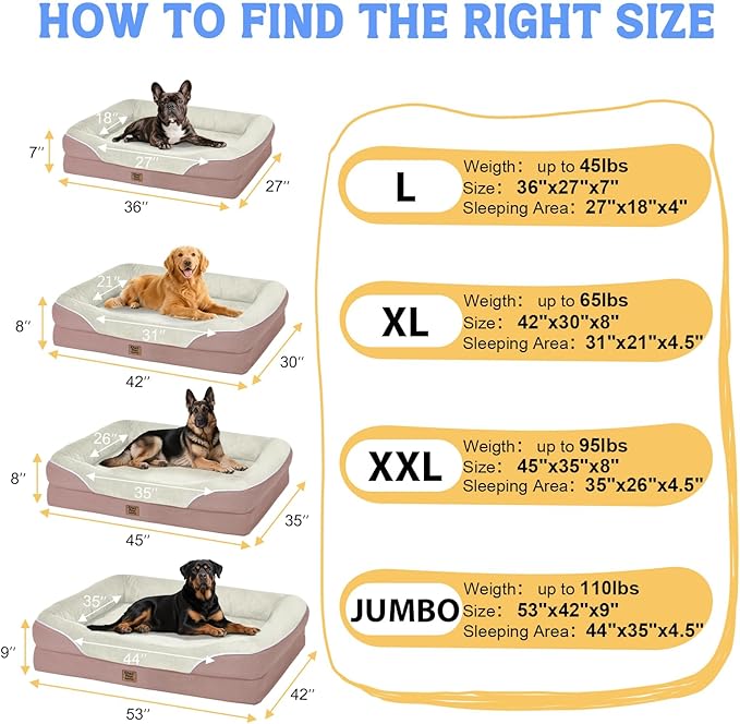 Orthopedic Washable Large Dog Bed - Removable Orthopedic Foam Dog Beds with Bolsters Waterproof Large Dogs Bed and Non-Slip Bottom