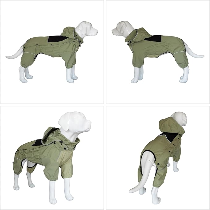 LOVELONGLONG Fleece-Lined Dog Raincoat with Removable Hood – Waterproof Winter Full Body Dog Jacket – Windproof Snowproof Cold-Weather Suit – Green-F 2XL
