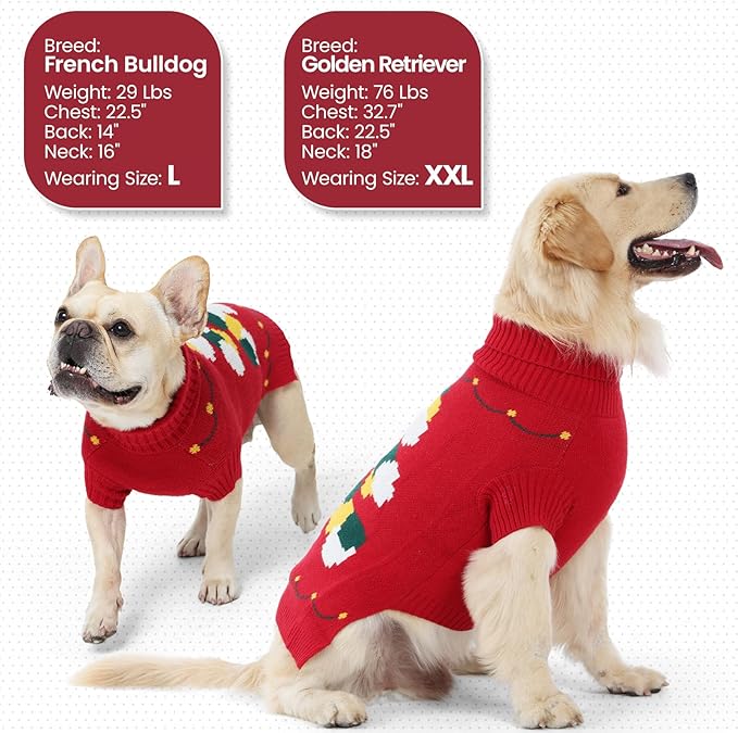BRKURLEG Christmas Dog Sweaters for Cold Weather, Soft Warm Turtleneck Sweaters for Medium Large Dogs, Xmas New Year Pet Knitted Sweatshirt Outfit for Boston Terrier, Beagle (Red, L)