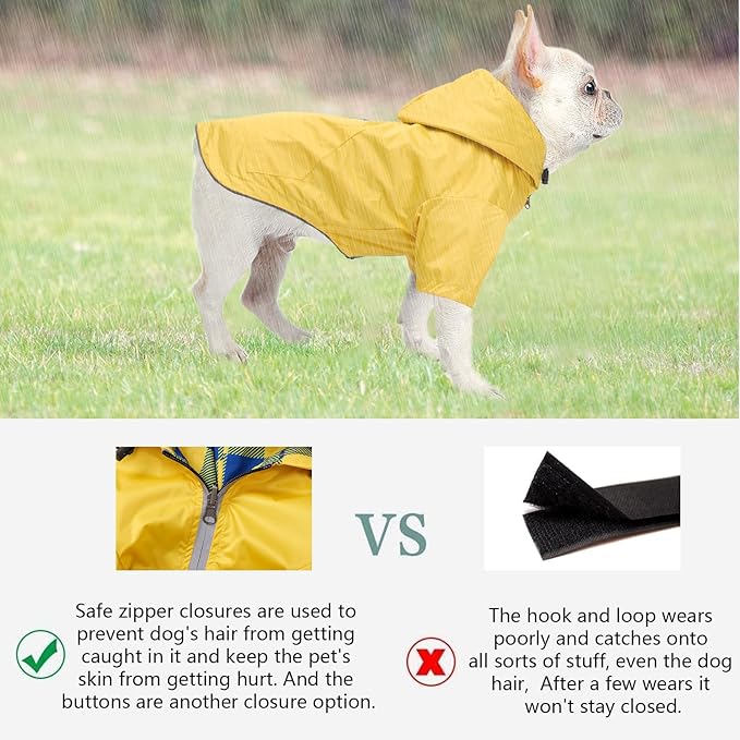 Dog Raincoat Dogs Waterproof Reversible rain Jacket Dog Small Medium Breeds Reflective Zipper Storage Pocket Harness Hole - Yellow - L
