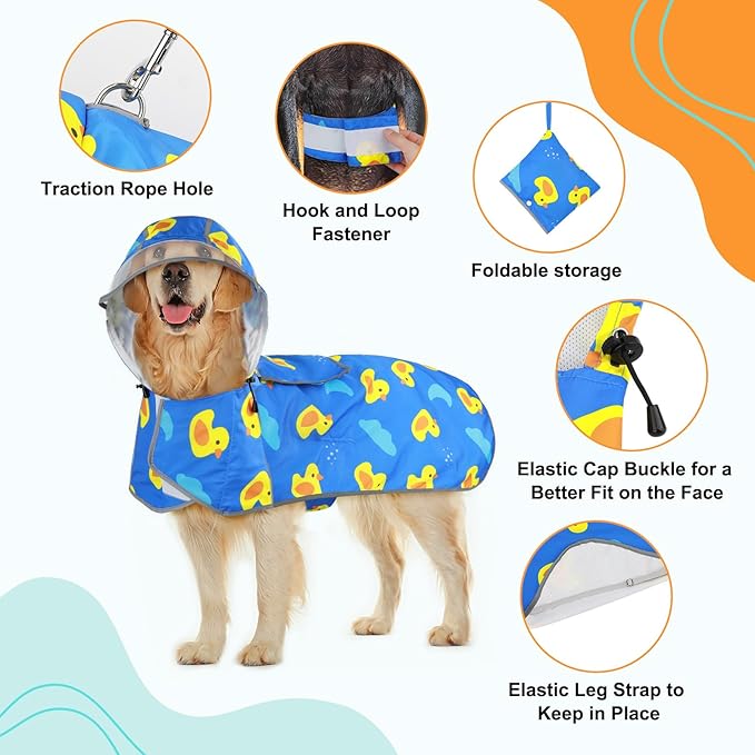 Dog Raincoat Waterproof Dog Rain Jacket Hooded Poncho with Leash Hole, Reflective Rain Coat with Storage Pocket for Large Dogs (Blue, Large)