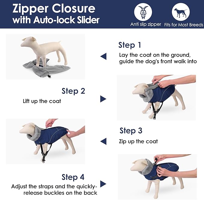 AOFITEE Dog Jacket with Harness Built in, Waterproof Dog Coat for Small Dogs, Warm Fleece Pet Puffer Vest with Zipper on Back & Furry Collar, Reflective Dogs Snow Jacket Small Pet Snowsuit, Blue S