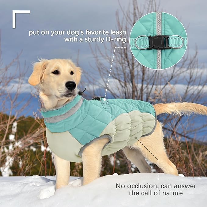 FUAMEY Dog Coat for Large Dogs,Waterproof Dog Winter Jacket with Harness Built in Puppy Cold Weather Coats Reflective Pet Vest with Zipper Warm Fleece Dogs Snowsuit Windproof Mint Green XXL