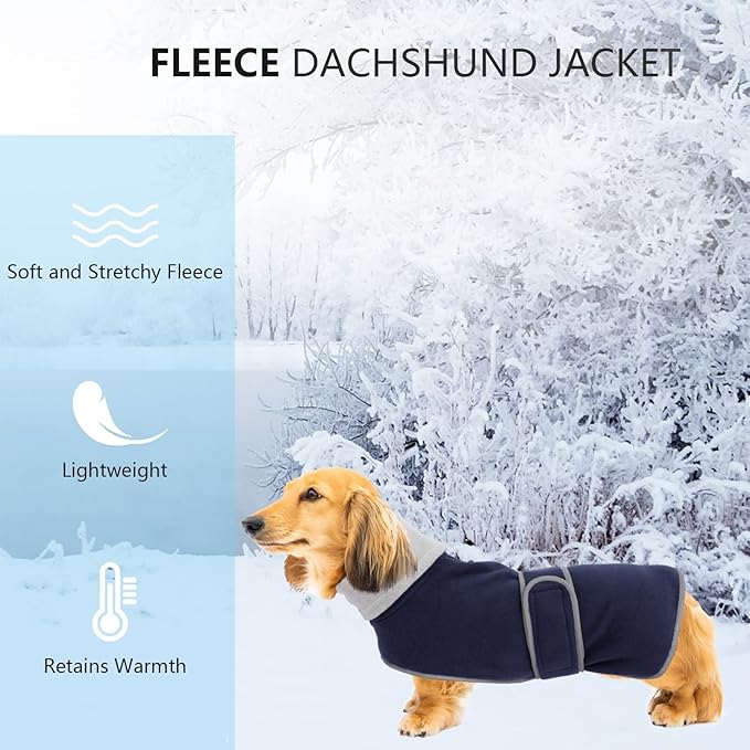 Dog Jacket Perfect for Dachshunds - Winter Coat With Padded Fleece Lining and High Collar, Snowsuit With Adjustable Bands - Navy - L