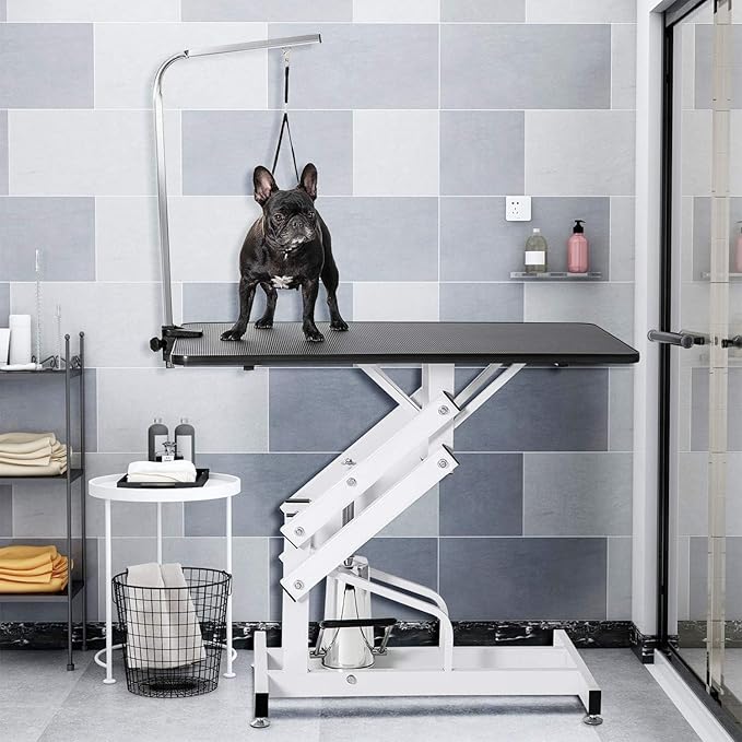 42.5" Hydraulic Dog Grooming Table for Large Dogs Heavy Duty Height Adjustable Dog Grooming Table with Overhead Arm & Noose Height Range 21-36 inch Black