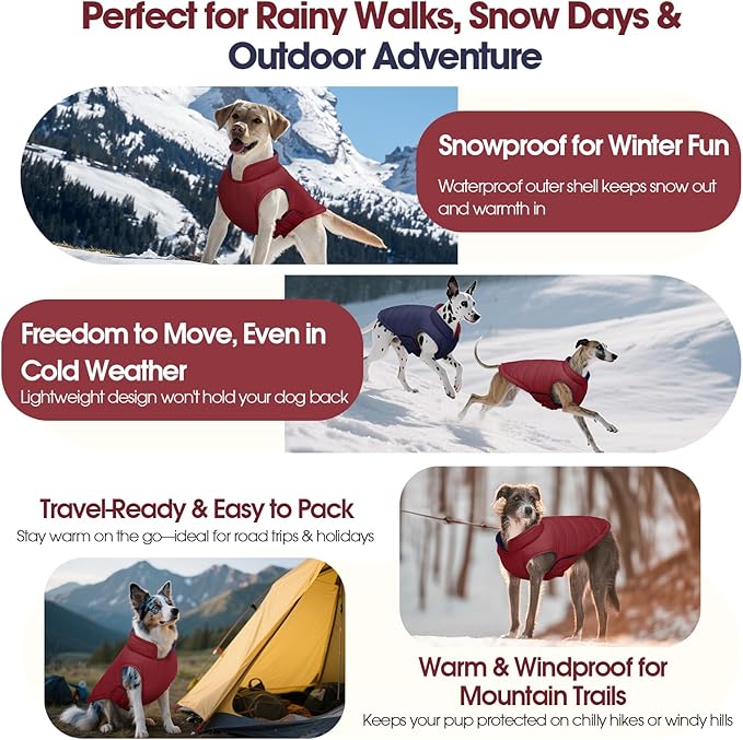 QBLEEV Reversible Dog Coat for Large Dogs, Waterproof Windproof Winter Jacket Keeps Big Breeds Warm & Dry, Adjustable Hook & Loop Puffer Vest, Wine Red, 3XL – Fits Labrador, Weimaraner, Great Dane
