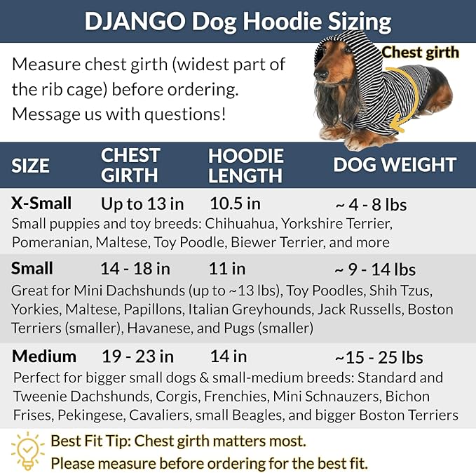 DJANGO Dog Hoodie – Warm, Lightweight, Soft & Stretchy Dog Sweater with Hood, Harness Hole & Elastic Waistband – Cozy Sweatshirt for Small Dogs up to 25 lbs, Dachshunds & Puppies – Black, Medium