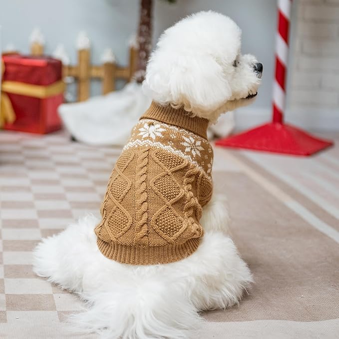 Warm Winter Dog Sweater - Cold Weather Pet Clothes for Small Medium Large Dogs Indoor Outdoor, Soft Classic Knit Puppy Apparel, Khaki, S