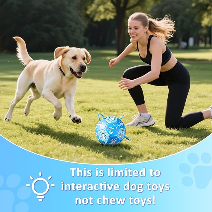 Size 2 Blue Dog Soccer Ball with Straps Eye-Catching Bone and Paw Print Design, Ultra-Durable Training Ball for Pets Interactive Outdoor Dog Toy, Perfect for Small to Medium Puppies