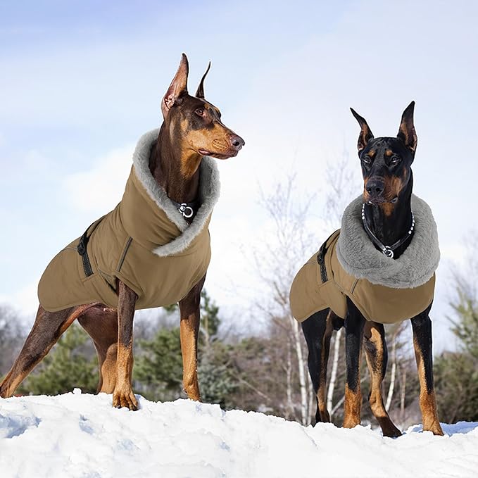 Dog Coat, Waterproof Dog Winter Jacket with Adjustable Buckle, Reflective Turtleneck Pet Snow Vest Warm Fleece Sweater for Small Medium Large Dogs - Khaki, 2XL