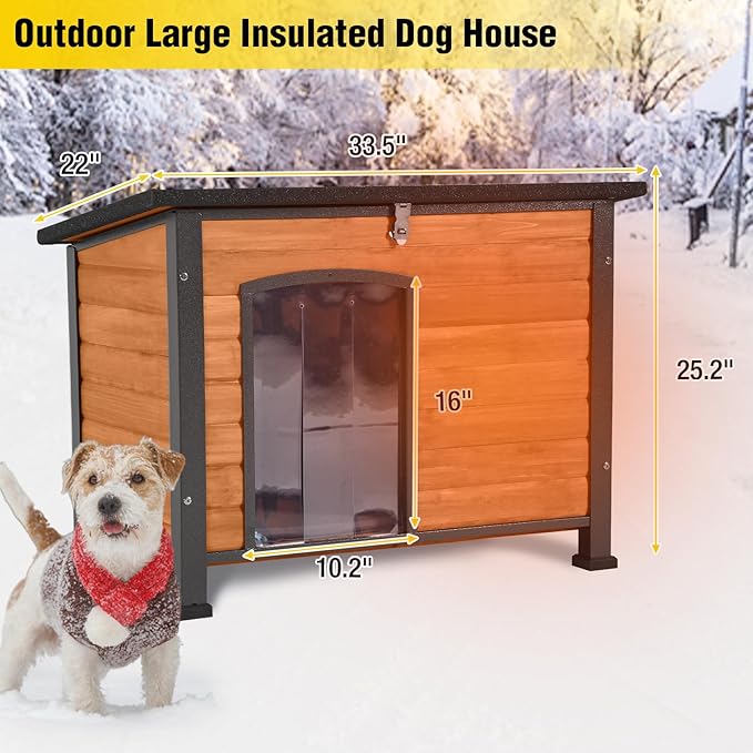 AIVITUVIN Outdoor Heated Dog House Anti Chewing Iron Frame Insulated Dog Kennel with Heating Pad Weatherproof Shelter (Brown,XL)