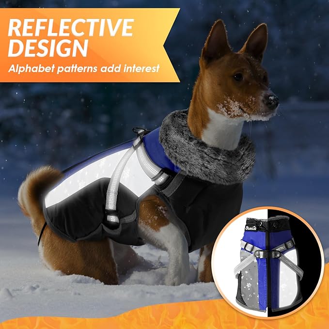 SlowTon Dog Jacket with Harness Built in - Waterproof Fleece Winter Warm Dog Coats for Small Medium Dogs, Reflective Adjustable Furry Puppy Vest Clothes for Outdoor Walking (Blue,S)