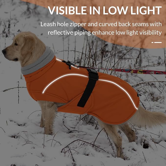 Queenmore Winter Dog Coat Warm Dog Jacket Vest Waterproof Puffer Fleece Snowsuit Adjustable Buckle Leash Hole Reflective Cold Weather Parka for Small Medium Large Dogs Girl Boy Orange XL