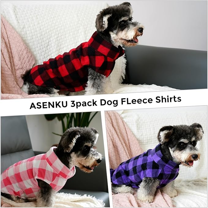 ASENKU Plaid Dog Fleece Vest, Soft Comfortable Pet Pajamas, Warm Winter Dog Shirt, Cold Weather Coat Jacket - 3 Pack Pet Clothes for Small & Medium Dogs