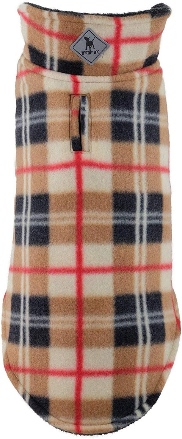 The Worthy Dog Fargo Fleece Plaid Dog Jacket, Adjustable Reversible with Harness Hole, Wind-Resistant, Winter Outdoor Clothes for Pets, Tan - 18''